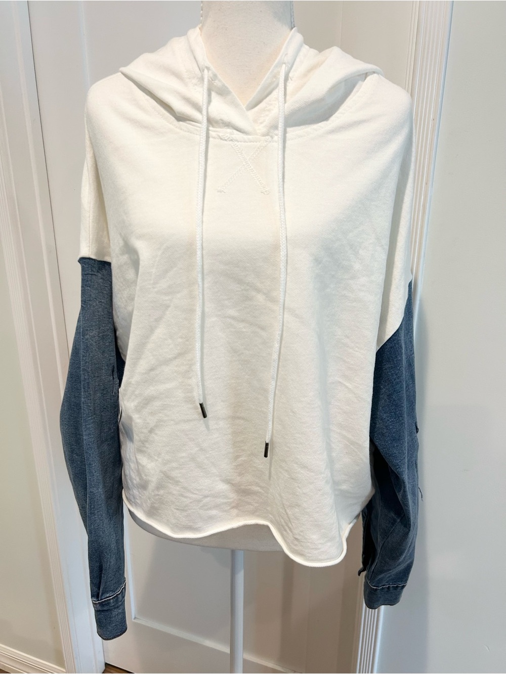 Dance & Marvel Cropped Hoodie with Distressed Denim Sleeves